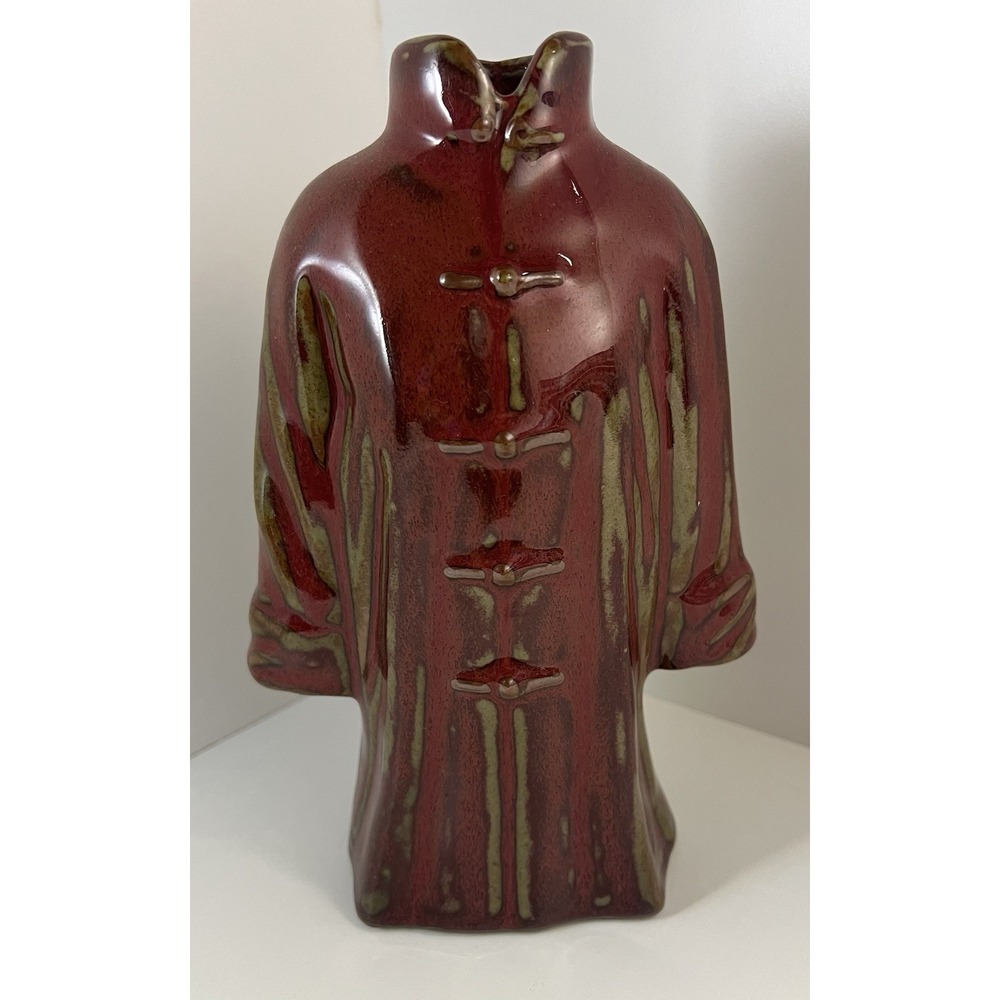 KIMONO VASE CERAMIC ASIAN-ORIENTAL 8 1/2" TALL RUST-RED WITH OLIVE ACCENTS